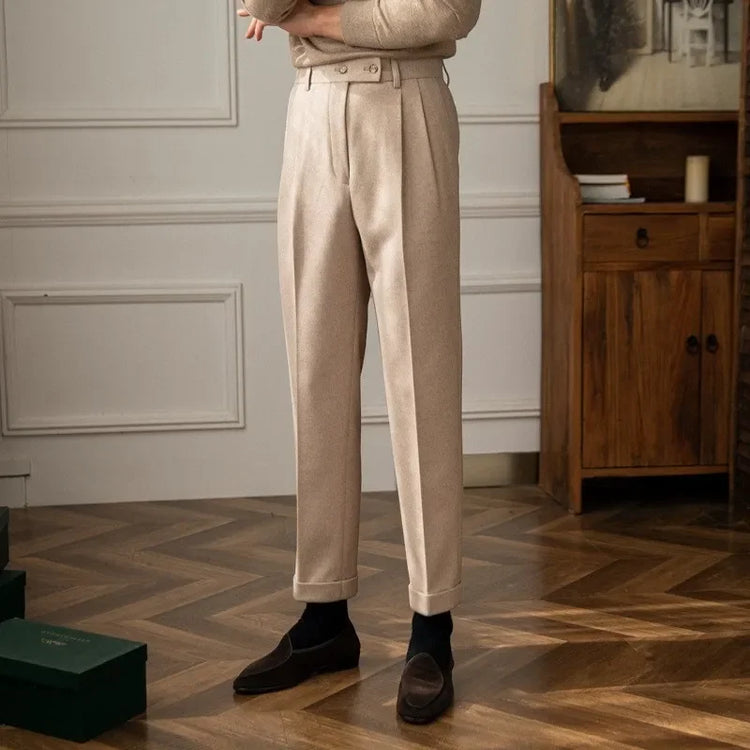 Autumn Winter High-Waisted Woolen Casual Pants for Men Warm Straight-Leg