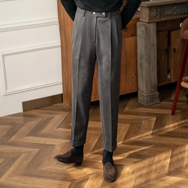 Autumn Winter High-Waisted Woolen Casual Pants for Men Warm Straight-Leg