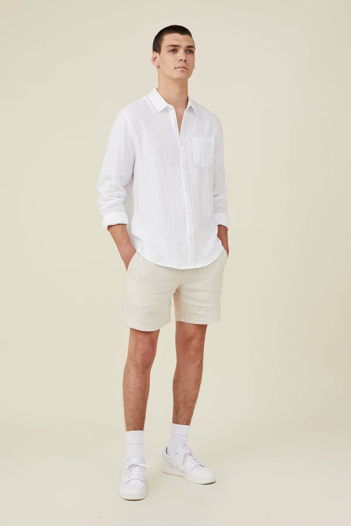 Premium Custom Logo 100% Linen Long Sleeve Shirt for Men - Breathable Casual Dress Shirt in White