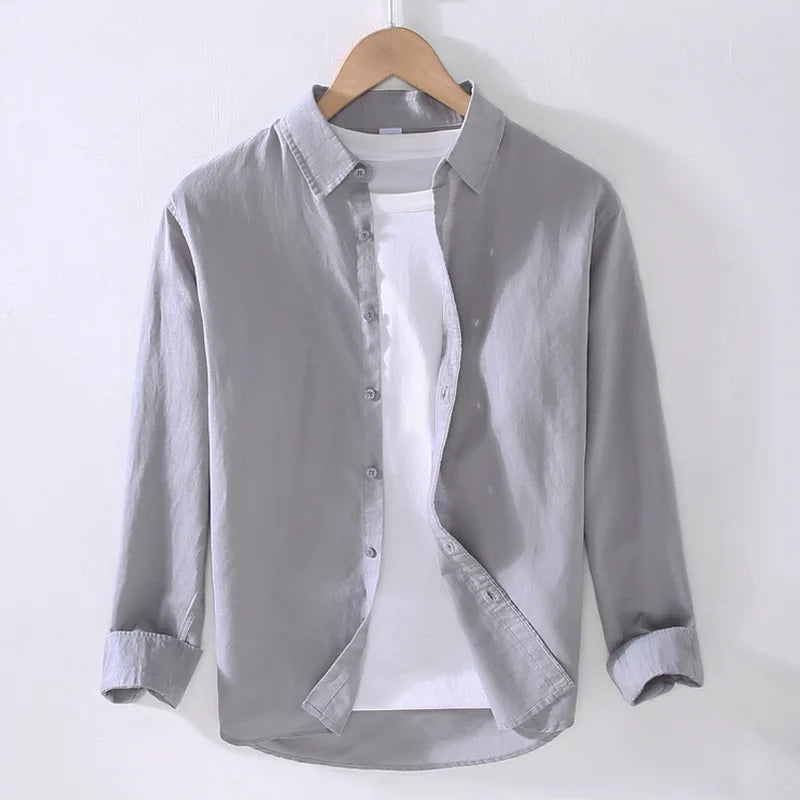 FLN 2025 Cotton Linen Blend Custom Summer Square Collar Spring Season Casual Long-Sleeved Men&
