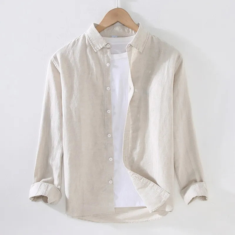FLN 2025 Cotton Linen Blend Custom Summer Square Collar Spring Season Casual Long-Sleeved Men&