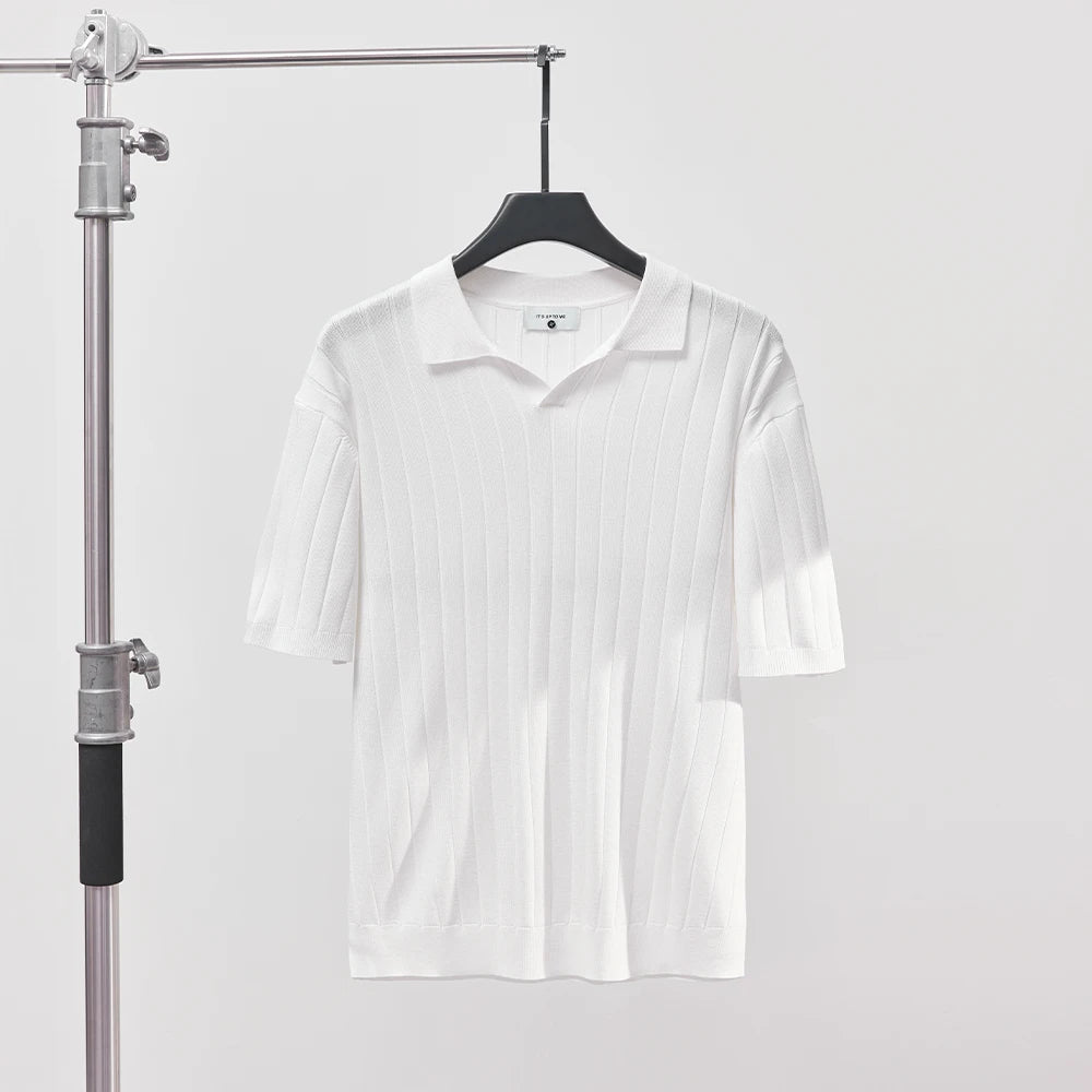 Men's Luxury Summer Slim V-Neck Polo Shirt - Casual Striped Short Sleeve Knit Top
