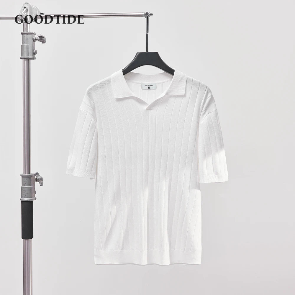 Men's Luxury Summer Slim V-Neck Polo Shirt - Casual Striped Short Sleeve Knit Top
