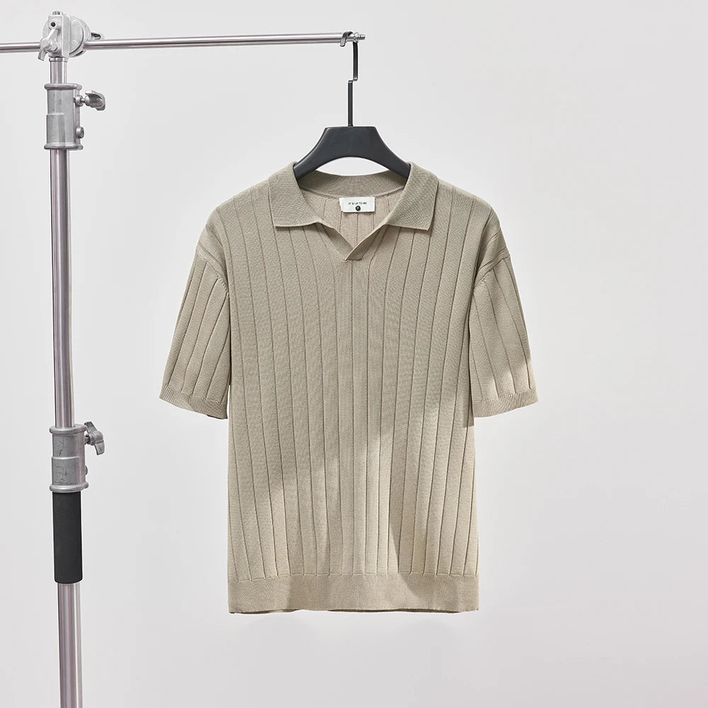 Men's Luxury Summer Slim V-Neck Polo Shirt - Casual Striped Short Sleeve Knit Top