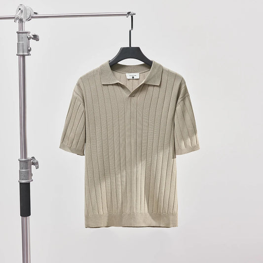 Men's Luxury Summer Slim V-Neck Polo Shirt - Casual Striped Short Sleeve Knit Top