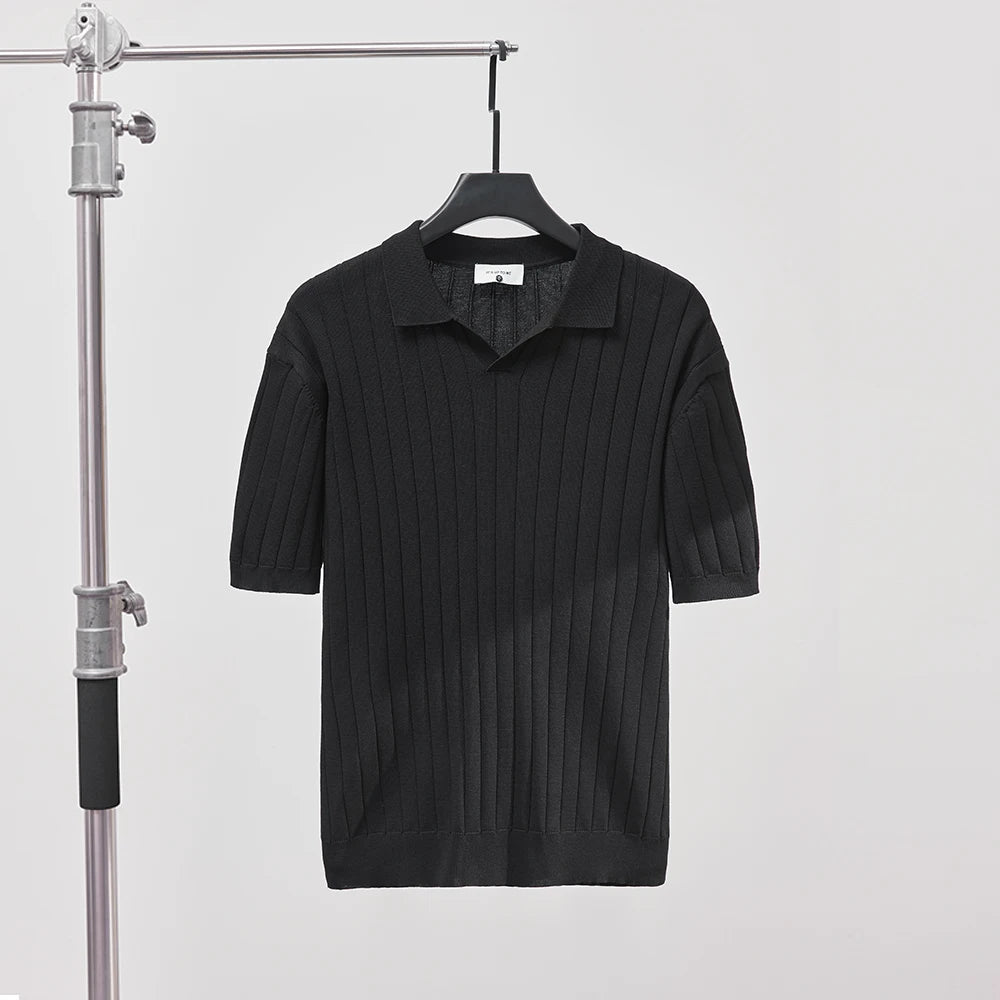 Men's Luxury Summer Slim V-Neck Polo Shirt - Casual Striped Short Sleeve Knit Top