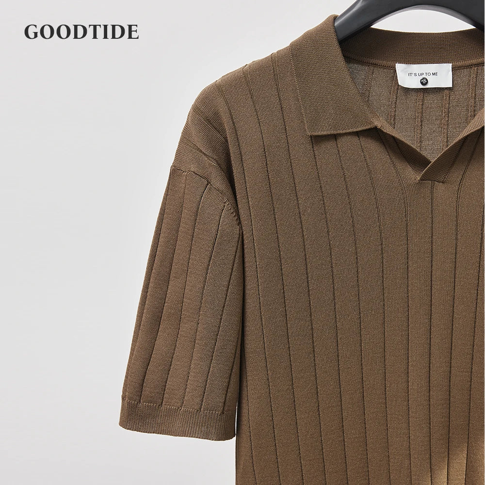 Men's Luxury Summer Slim V-Neck Polo Shirt - Casual Striped Short Sleeve Knit Top