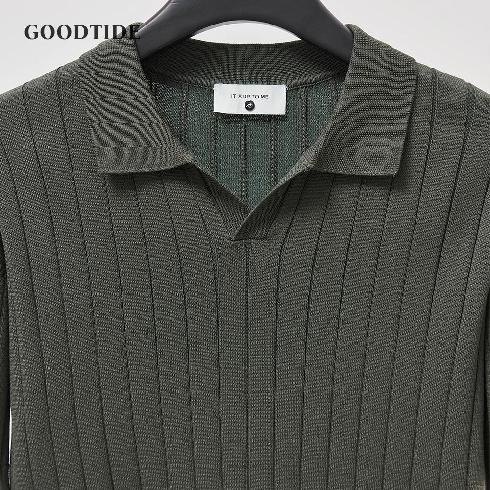Men's Luxury Summer Slim V-Neck Polo Shirt - Casual Striped Short Sleeve Knit Top
