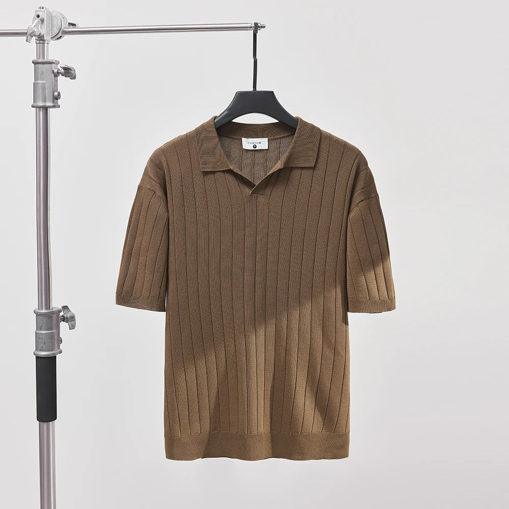 Men's Luxury Summer Slim V-Neck Polo Shirt - Casual Striped Short Sleeve Knit Top