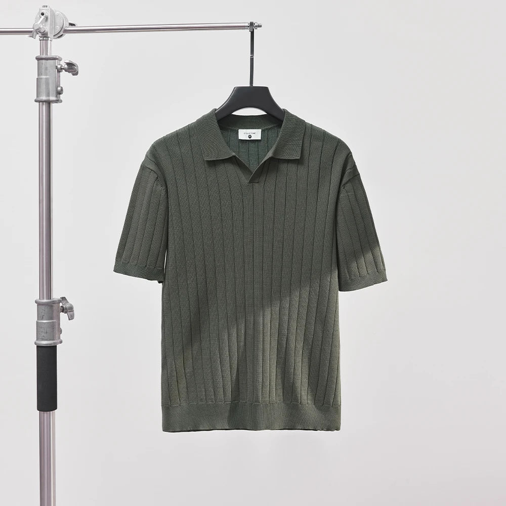 Men's Luxury Summer Slim V-Neck Polo Shirt - Casual Striped Short Sleeve Knit Top