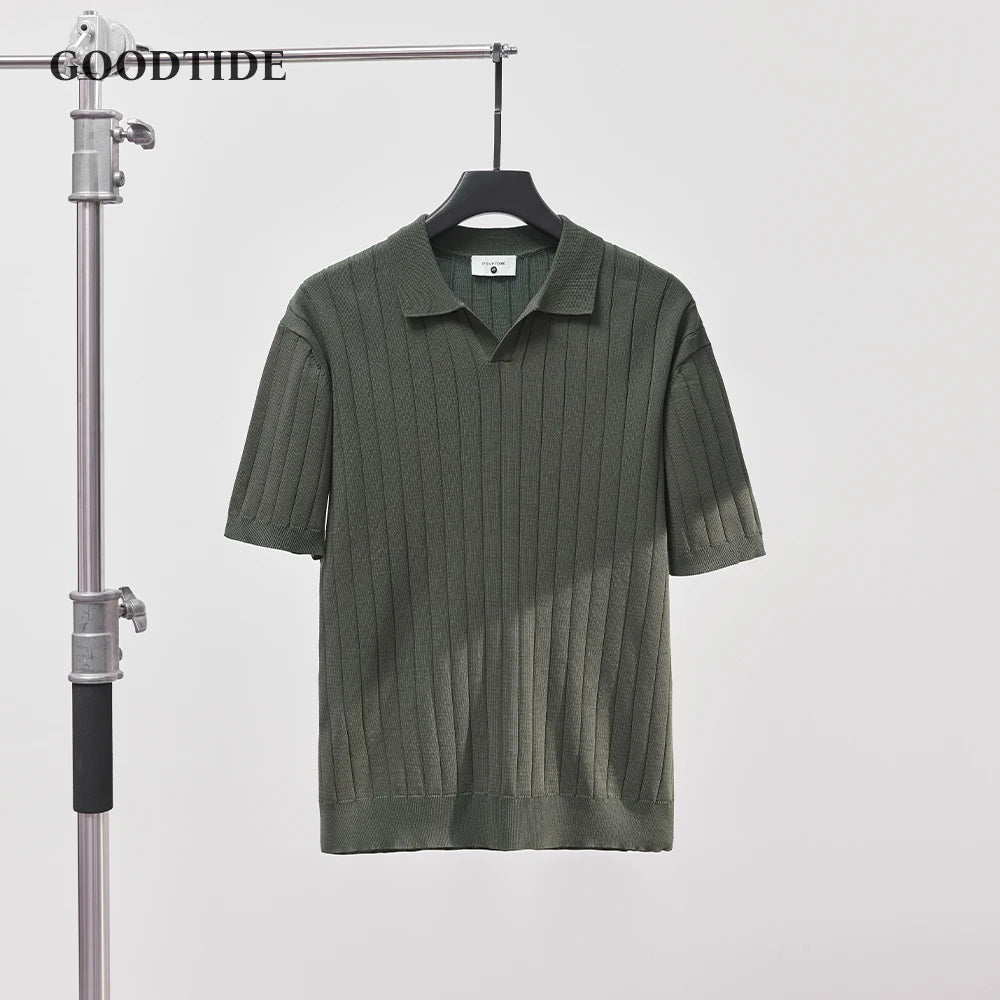 Men's Luxury Summer Slim V-Neck Polo Shirt - Casual Striped Short Sleeve Knit Top