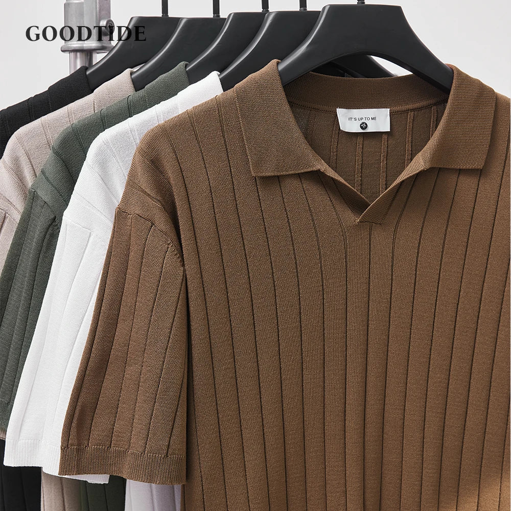 Men's Luxury Summer Slim V-Neck Polo Shirt - Casual Striped Short Sleeve Knit Top