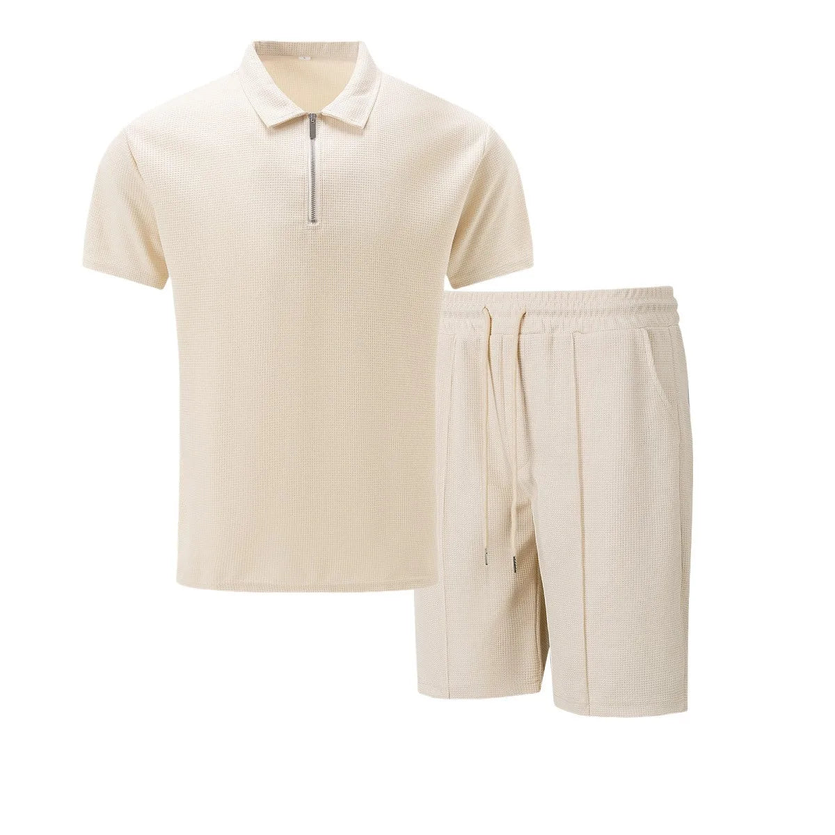 2025 Men Europe and the United States New Summer Waffle Solid Color Zip-Up Lapel Short-Sleeve Suit Shorts Two Sets