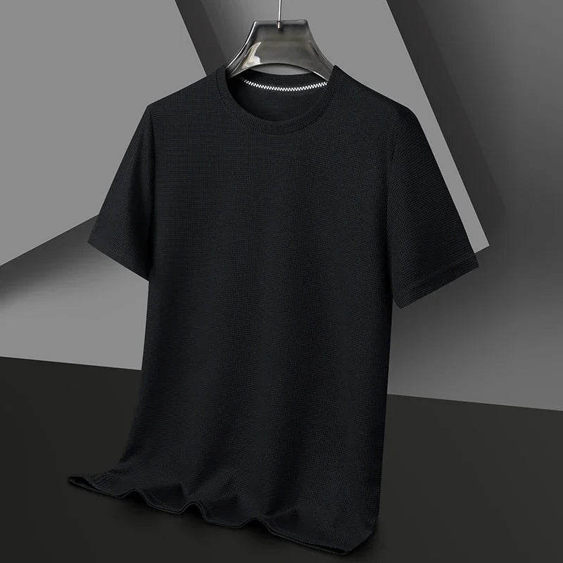 Short Sleeved Polo Shirshort Sleeved Waffle Solid Polot Fashion Splicing Men'S round Neck Top Cotton Daily Short Sleeved T-Shirt