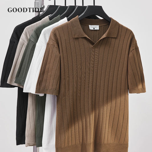 Men's Luxury Summer Slim V-Neck Polo Shirt - Casual Striped Short Sleeve Knit Top