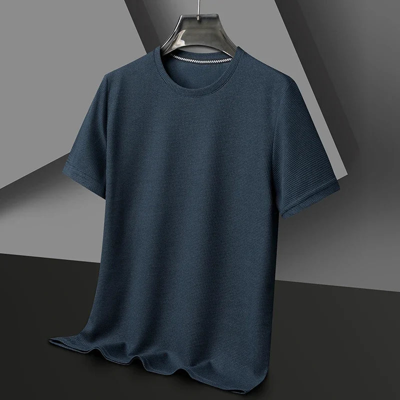 Short Sleeved Polo Shirshort Sleeved Waffle Solid Polot Fashion Splicing Men'S round Neck Top Cotton Daily Short Sleeved T-Shirt